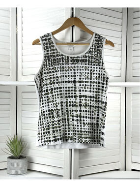 Women Christopher and Banks Tank Petite Large White Black Olive Polkadot